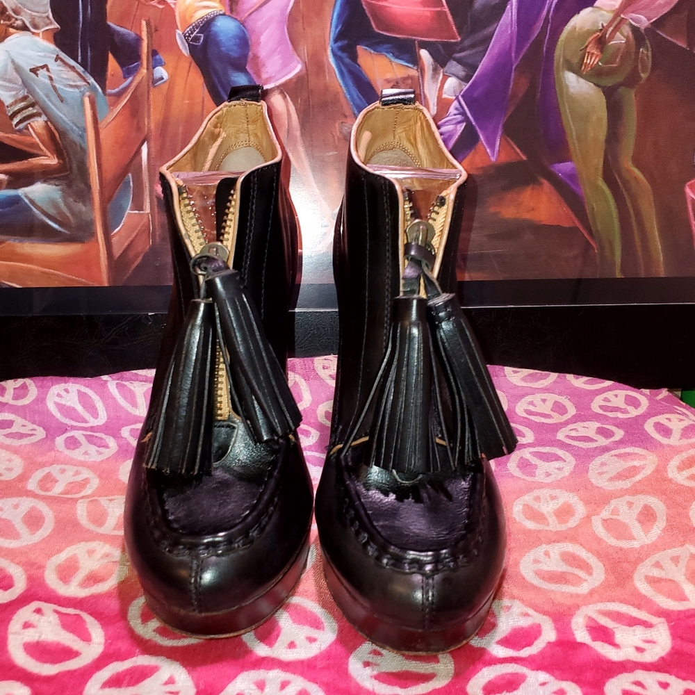 Black Coach Cary Leather Ankle Booties With Tassel Zip